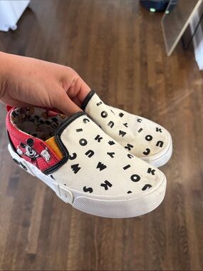 Disney Kids Slip-On Sneakers in White, Black & Red with Mickey Accent